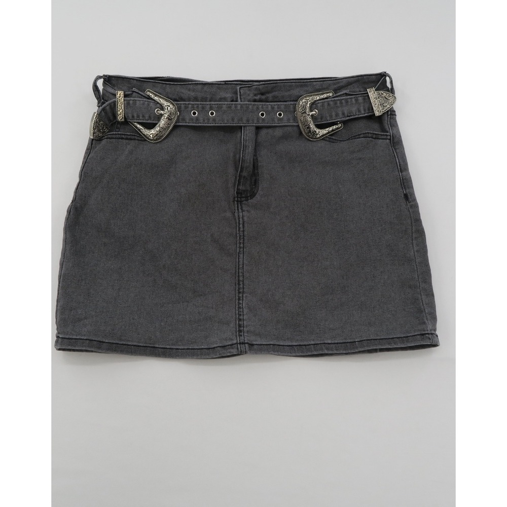 Baevely Charcoal Gray Denim Mini Skirt with Double Western Buckle Belt Large Y2k
